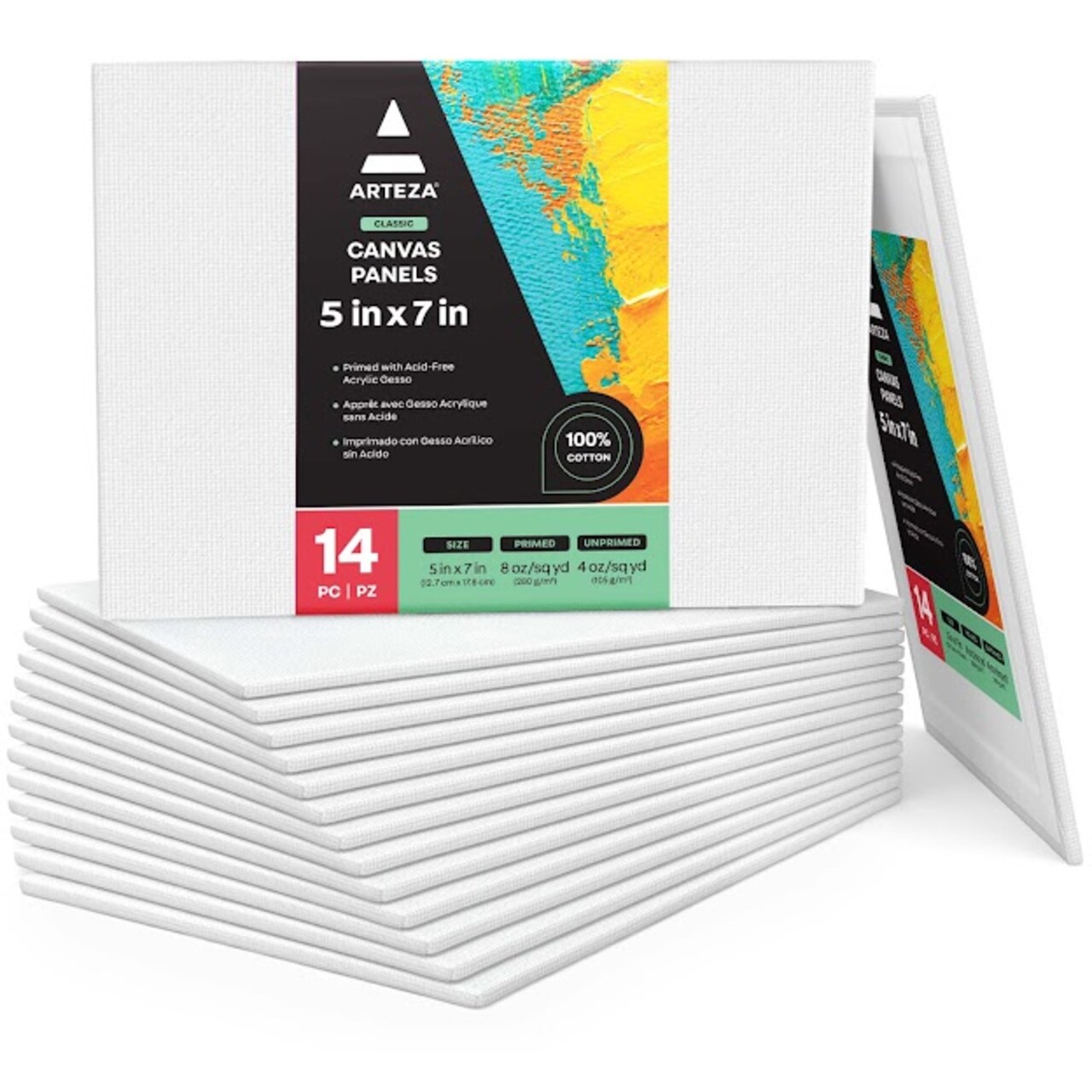 Arteza Canvas Panels, Classic, 5"x7",White, Blank Canvas Boards for Painting- 14 Pack